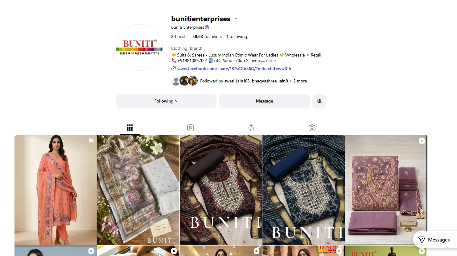 Instagram profile of Buniti Enterprises